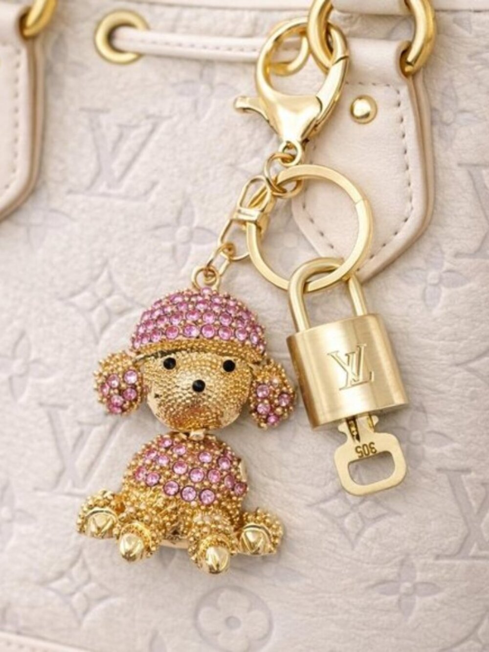 Authentic Louis Vuitton Gold Padlock 🔒 Shiny LV Key + Unbranded Puppy Charm - Picture 2 of 8